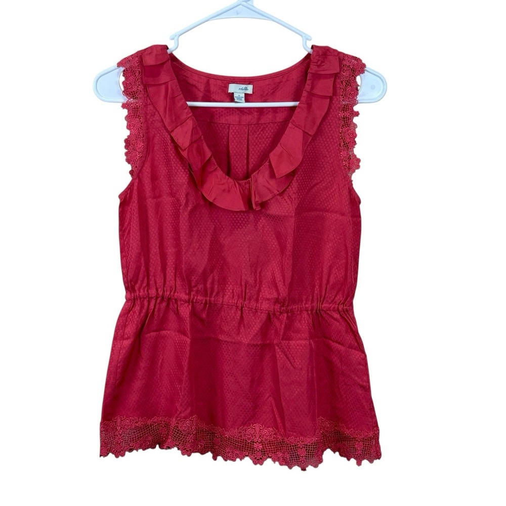 Odille Anthropologie Womens Top Size 0 Coral Lace 100% Silk Ruffle Sleeveless